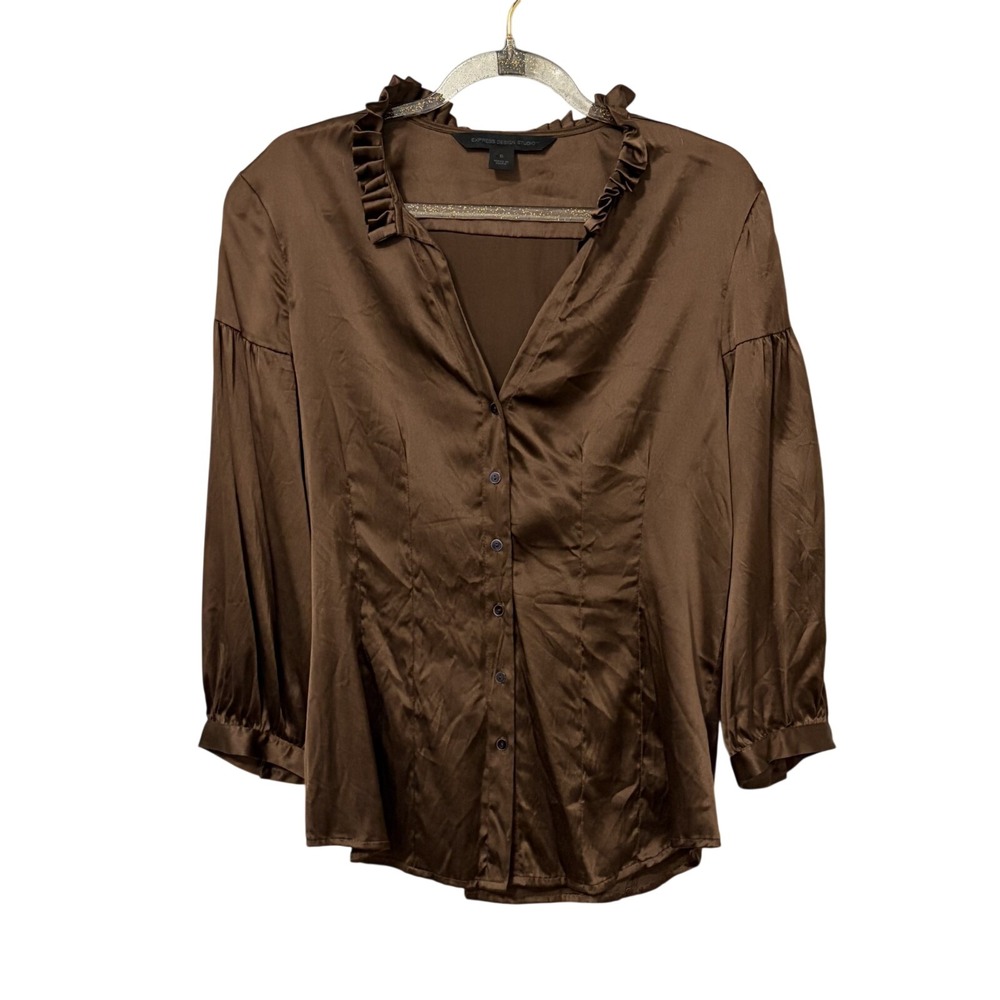 Express Silk Y2K Office Siren Ruffle Top S Chocolate Brown Capsule Quiet Luxury